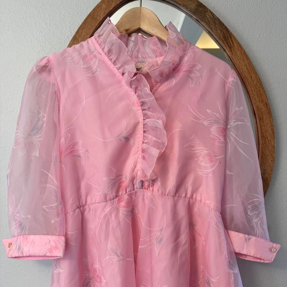 Vintage Coquette Pink Floral Dress with Ruffle Detail and Zipper Unique Kawaii - Picture 4 of 6